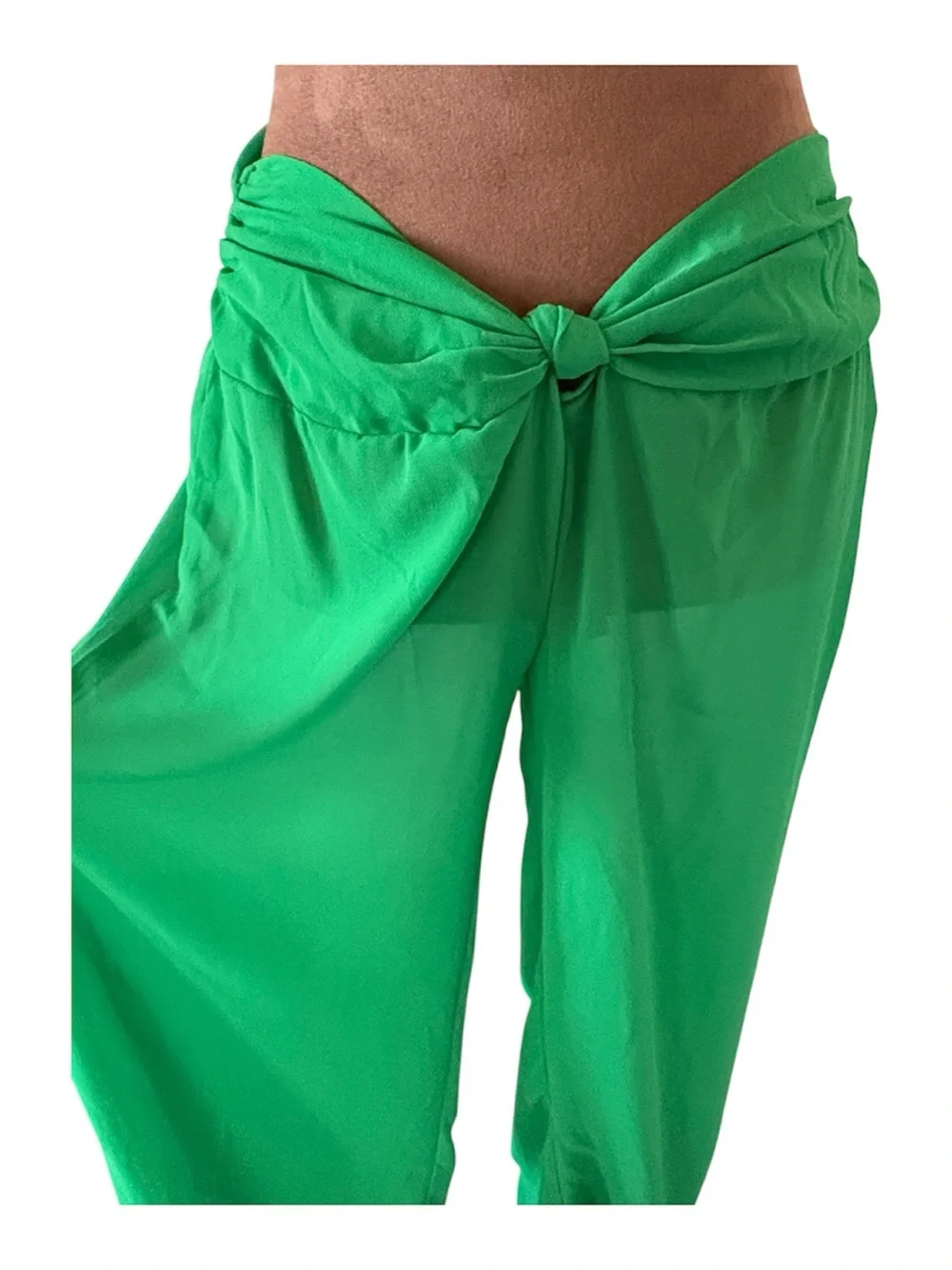 Pretty Little Thing Low Waist Wide Leg Sheer Green Chiffon Beach Pants NWT Sheer